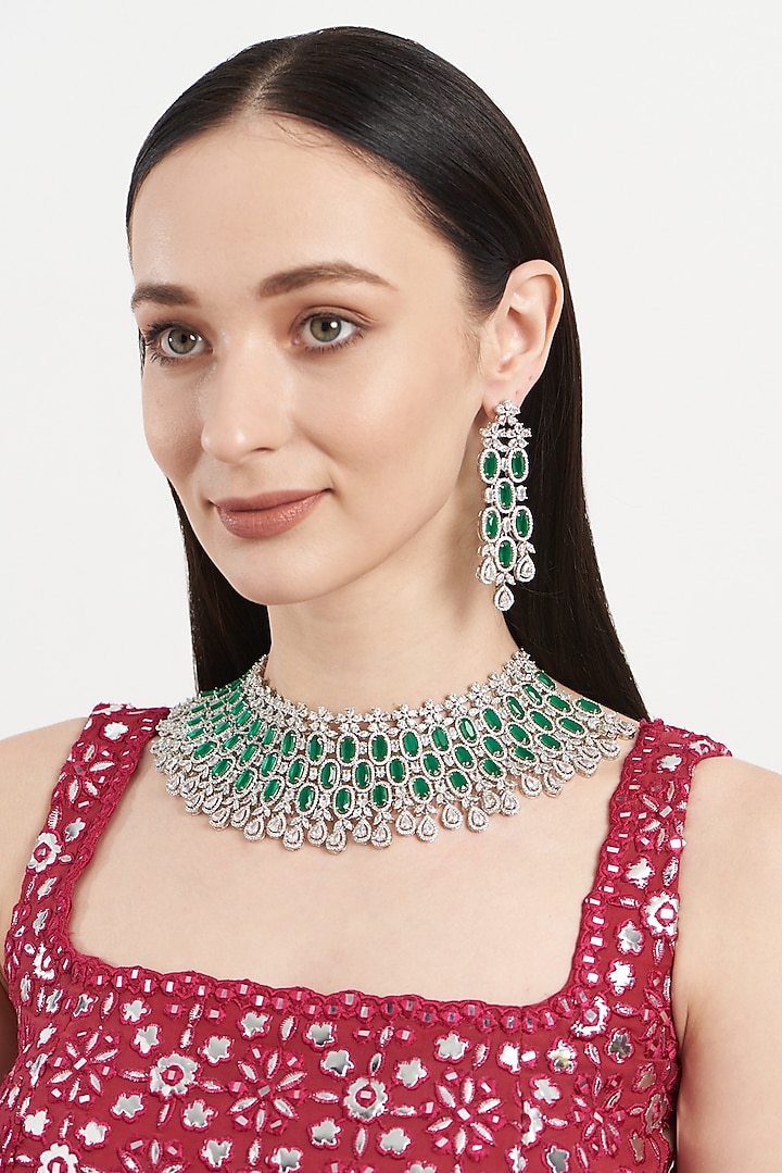 White Finish Zircon & Emerald Choker Necklace Set by Aster