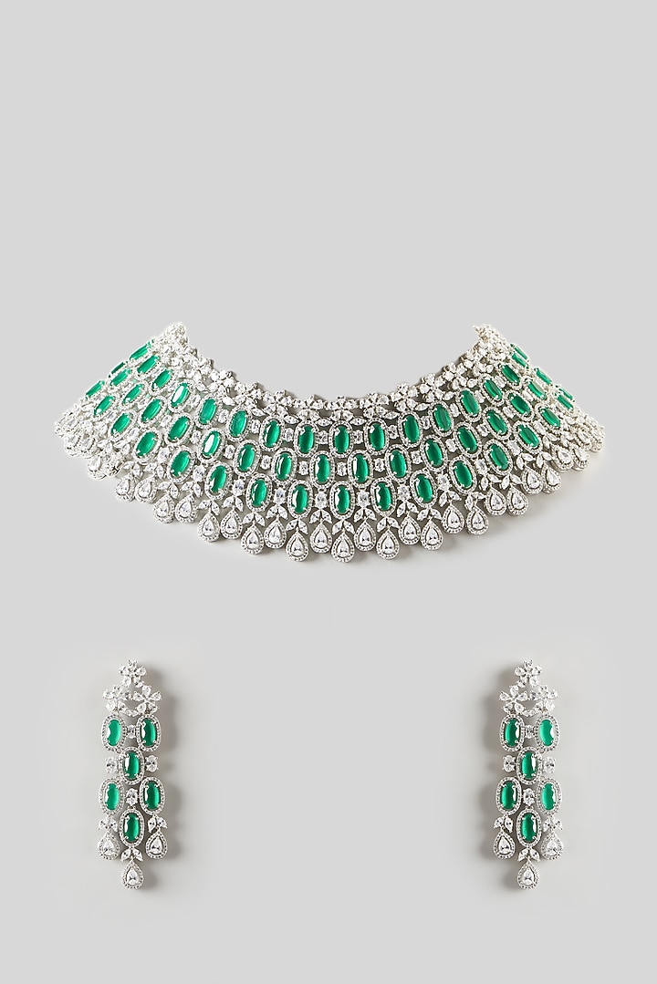 White Finish Zircon & Emerald Choker Necklace Set by Aster at Pernia's Pop Up Shop