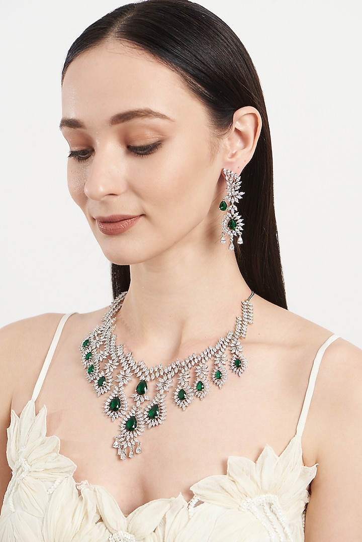 White Finish Zircon & Emerald Necklace Set by Aster at Pernia's Pop Up Shop