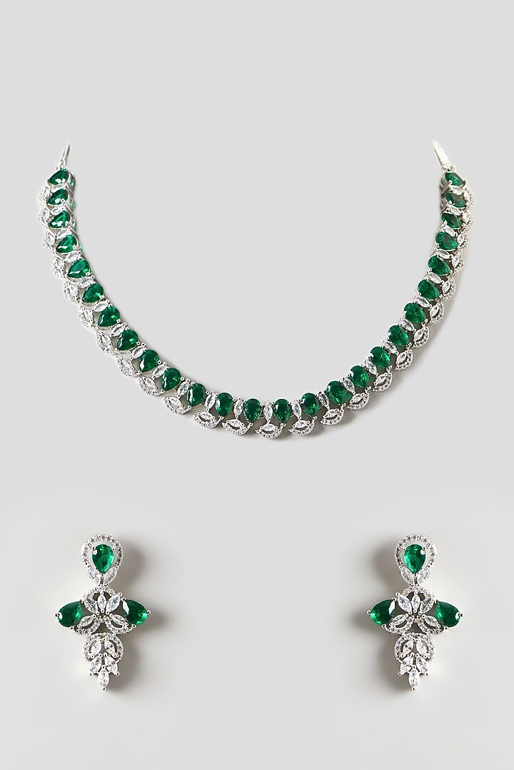 White Finish Zircon & Emerald Necklace Set by Aster at Pernia's Pop Up Shop