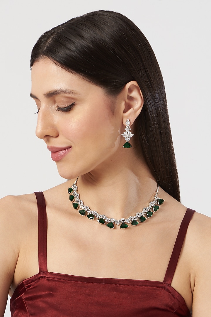 White Finish Zircon & Emerald Necklace Set by Aster at Pernia's Pop Up Shop
