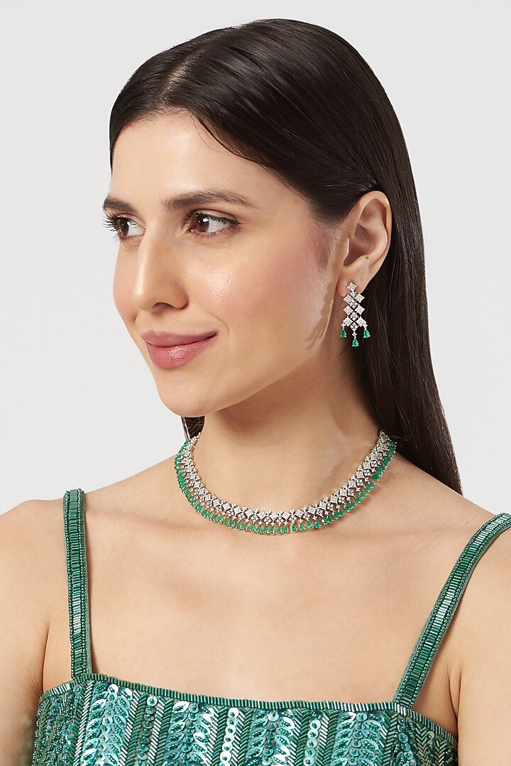 White Finish Zircon & Green Stone Choker Necklace Set by Aster at Pernia's Pop Up Shop