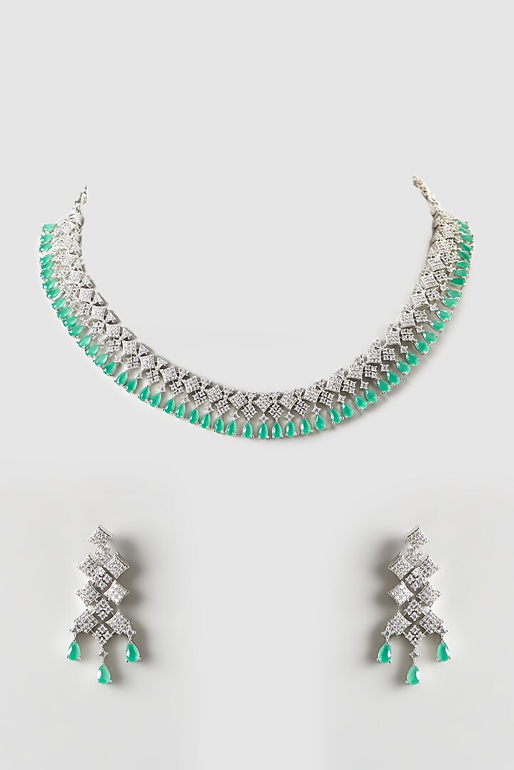 White Finish Zircon & Green Stone Choker Necklace Set by Aster at Pernia's Pop Up Shop