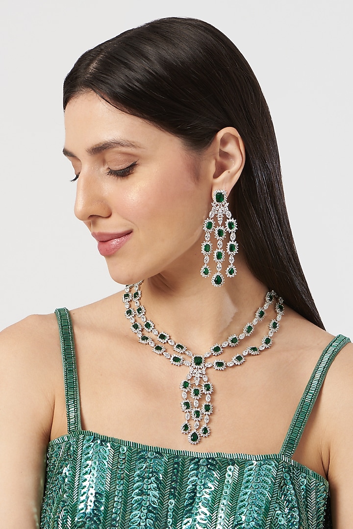 White Finish Emerald & Zircon Long Necklace Set  by Aster