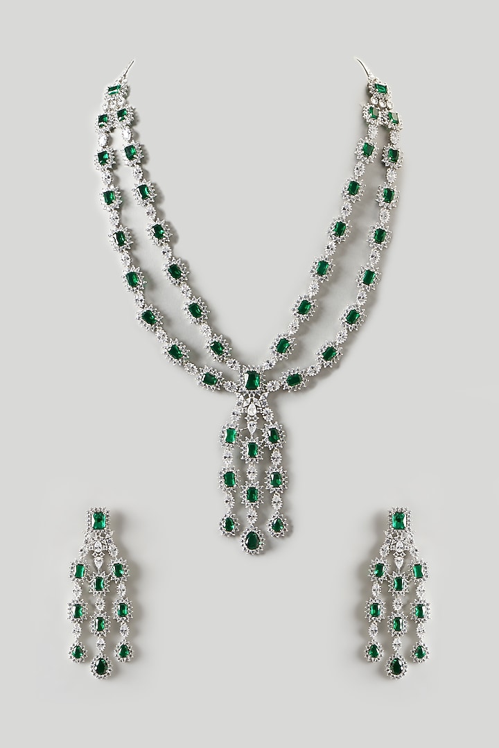 White Finish Emerald & Zircon Long Necklace Set by Aster at Pernia's Pop Up Shop