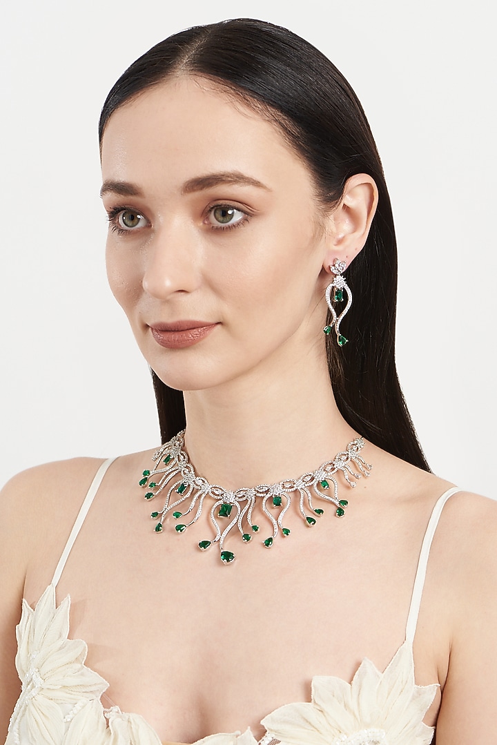 White Finish Zircon & Green Stone Necklace Set by Aster at Pernia's Pop Up Shop