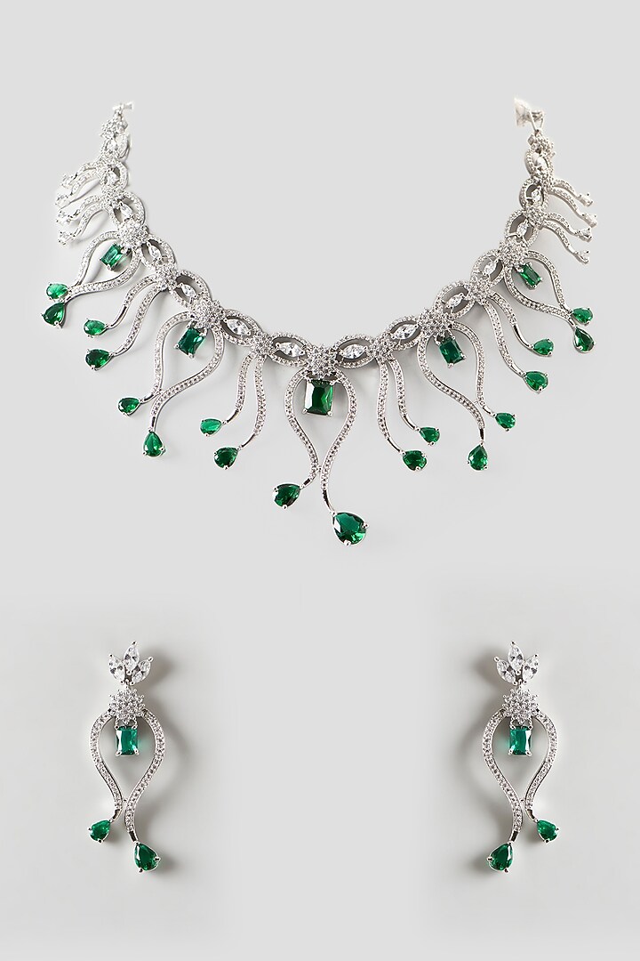 White Finish Zircon & Green Stone Necklace Set by Aster at Pernia's Pop Up Shop