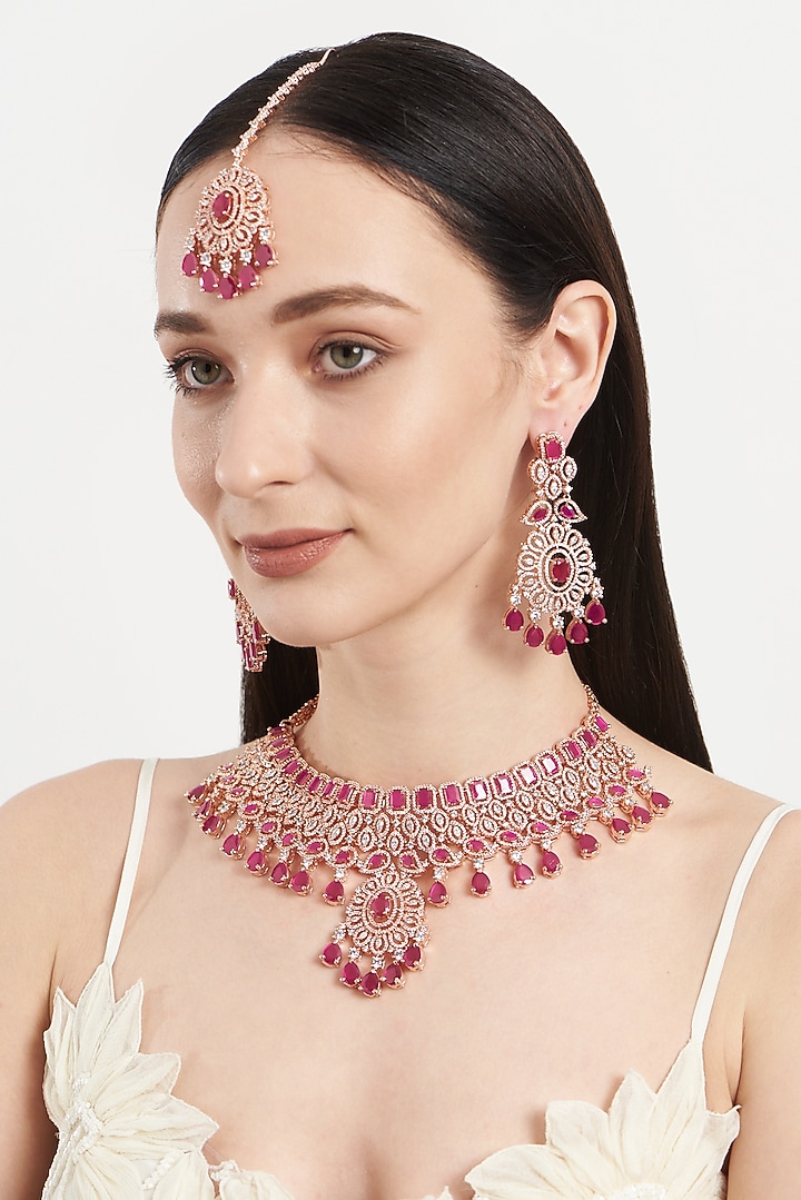 Rose Gold Finish Zircon & Ruby Choker Necklace Set by Aster at Pernia's Pop Up Shop