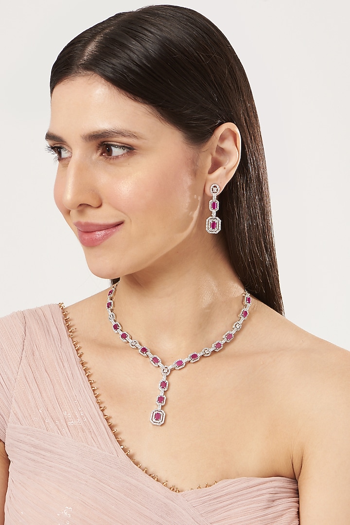 White Finish Zircon & Ruby Synthetic Stone Necklace Set by Aster at Pernia's Pop Up Shop