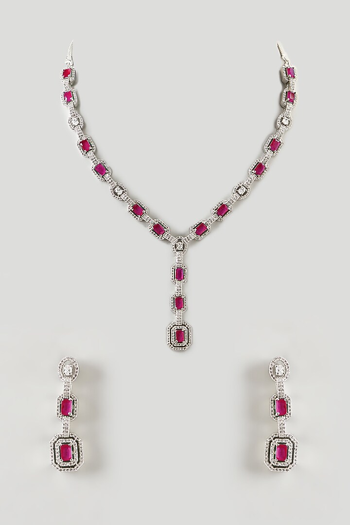 White Finish Zircon & Ruby Synthetic Stone Necklace Set by Aster at Pernia's Pop Up Shop
