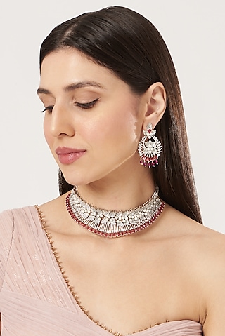 White Finish Zircon & Red Synthetic Stone Choker Necklace Set by aster