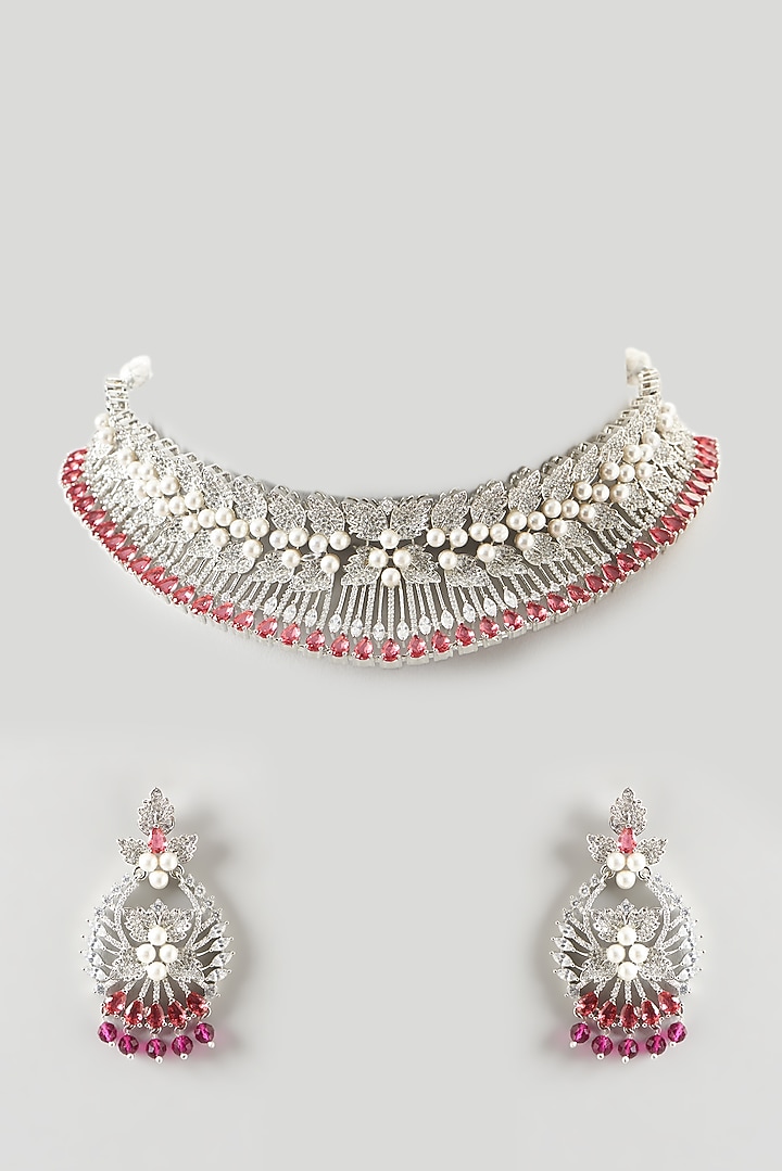 White Finish Zircon & Red Synthetic Stone Choker Necklace Set by Aster at Pernia's Pop Up Shop