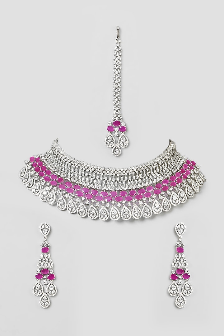 White Finish Ruby Stone & Zircon Choker Necklace Set by Aster at Pernia's Pop Up Shop