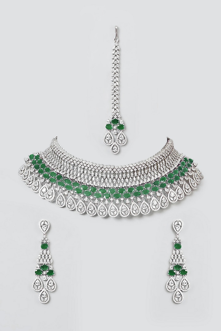 White Finish Emerald & Zircon Choker Necklace Set by Aster at Pernia's Pop Up Shop