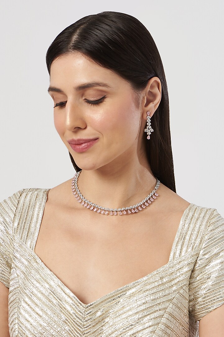 White Finish Zircon & Pink Stone Necklace Set by Aster at Pernia's Pop Up Shop