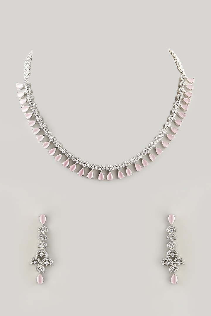 White Finish Zircon & Pink Stone Necklace Set by Aster at Pernia's Pop Up Shop
