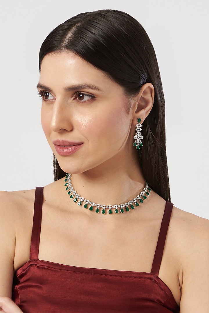 White Finish Emerald & Zircon Necklace Set by Aster at Pernia's Pop Up Shop