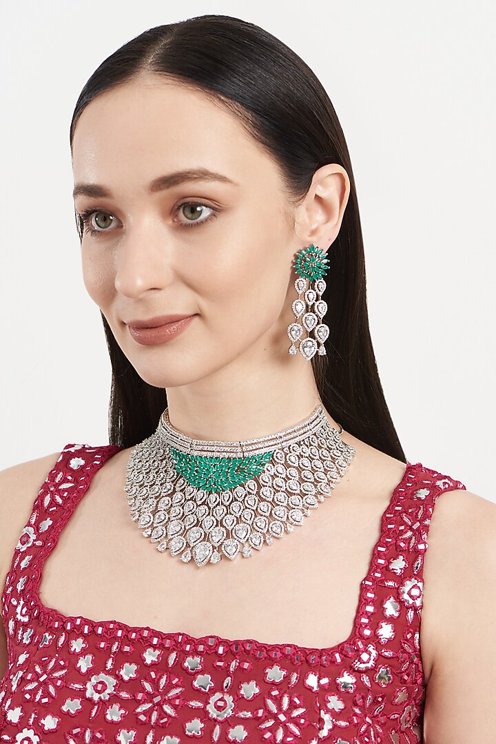 White Finish Zircon & Emerald Choker Necklace Set by Aster at Pernia's Pop Up Shop