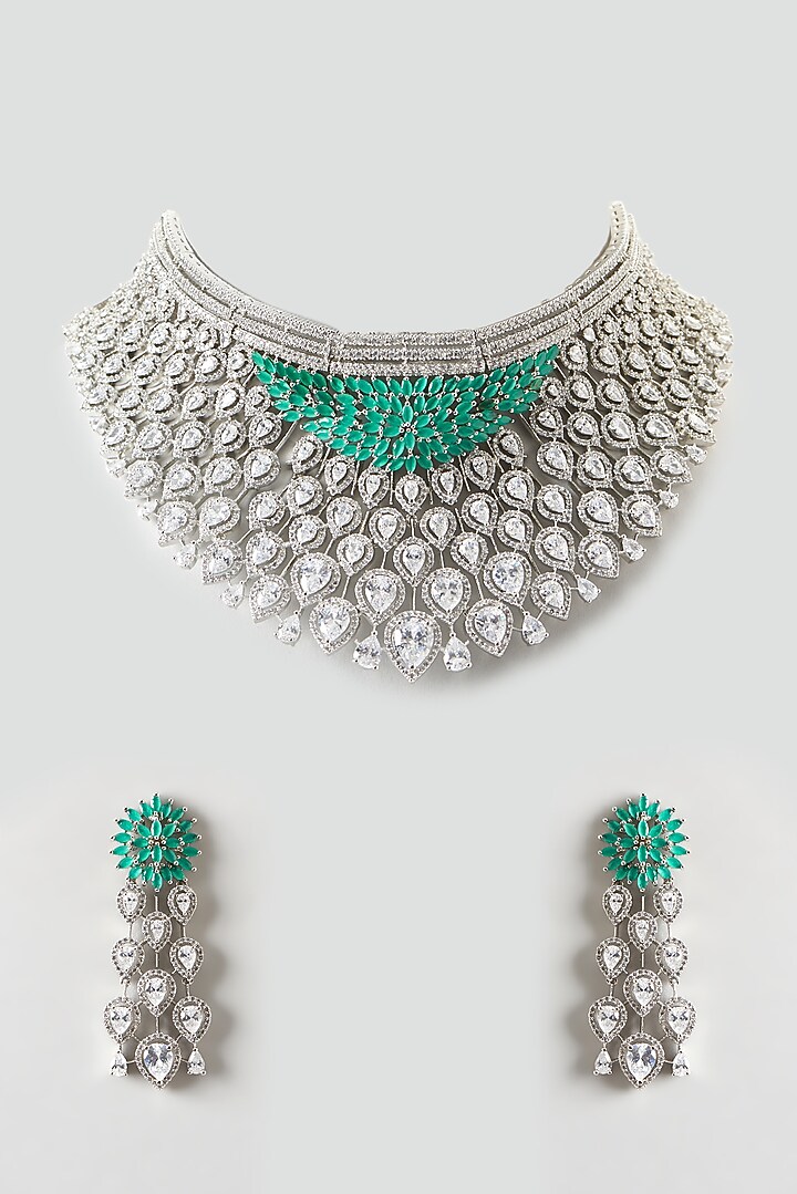 White Finish Zircon & Emerald Choker Necklace Set by Aster at Pernia's Pop Up Shop