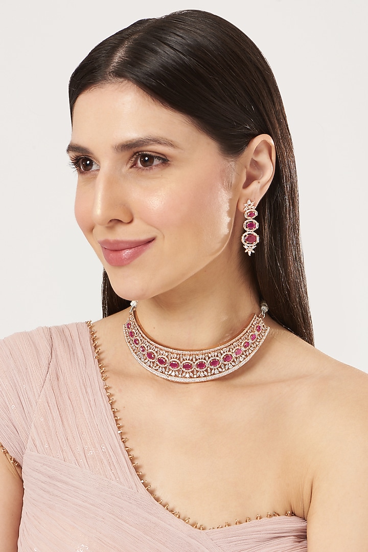 Rose Gold Finish Zircon & Ruby Necklace Set by Aster at Pernia's Pop Up Shop
