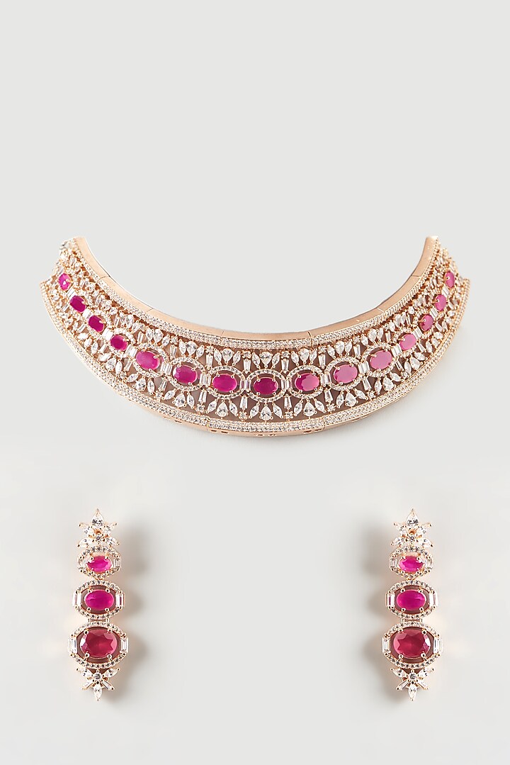 Rose Gold Finish Zircon & Ruby Necklace Set by Aster at Pernia's Pop Up Shop