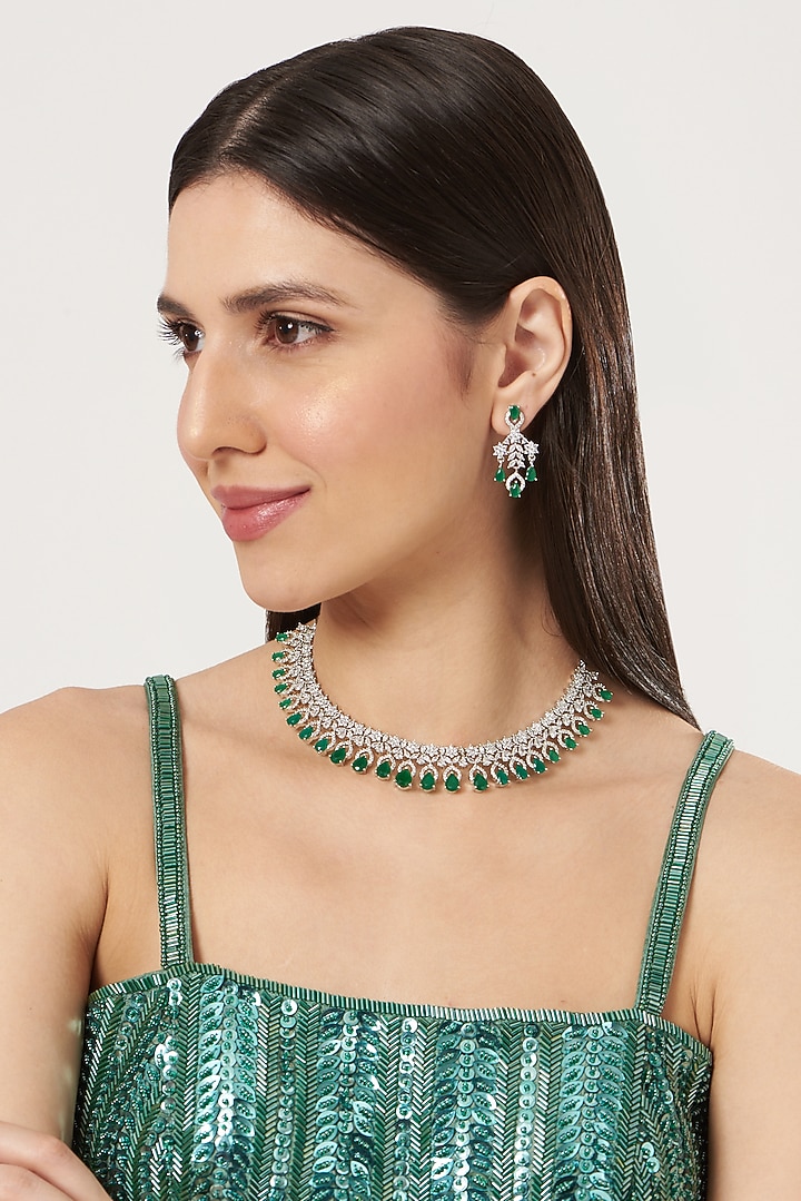 White Finish Emerald & Zircon Choker Necklace Set by Aster at Pernia's Pop Up Shop