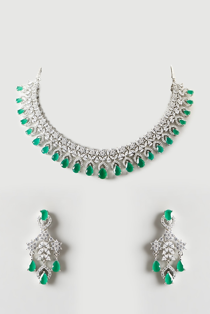 White Finish Emerald & Zircon Choker Necklace Set by Aster at Pernia's Pop Up Shop