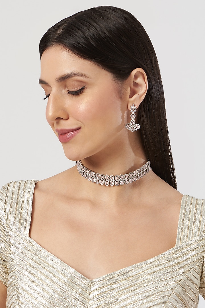 White Finish Zircon & Pink Stone Choker Necklace Set by Aster at Pernia's Pop Up Shop