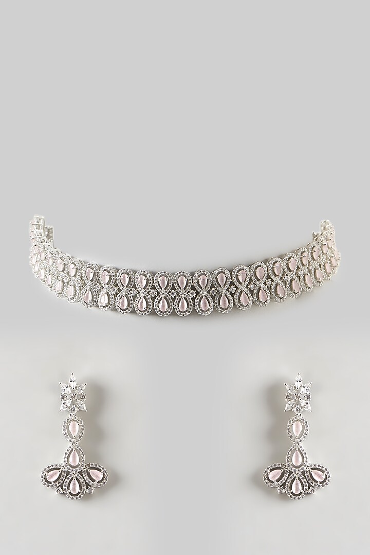 White Finish Zircon & Pink Stone Choker Necklace Set by Aster at Pernia's Pop Up Shop