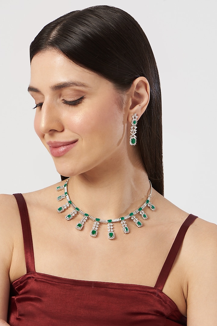 White Finish Zircon & Emerald Choker Necklace Set by Aster at Pernia's Pop Up Shop