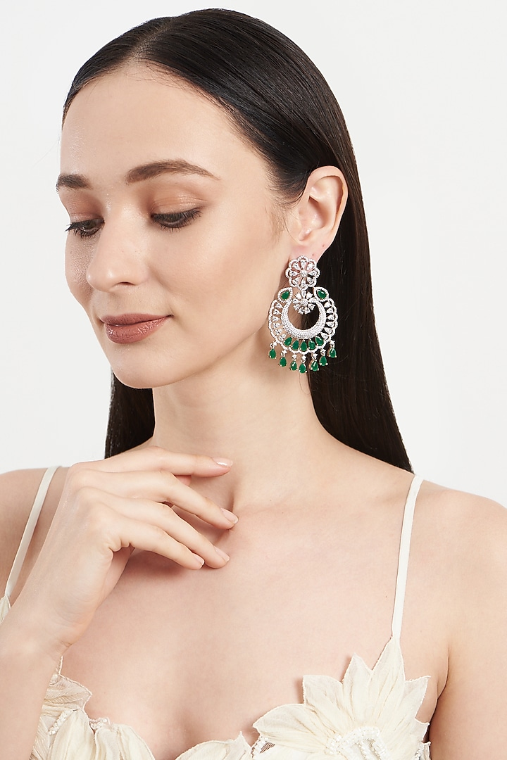 White Finish Zircon & Emerald Dangler Earrings by Aster at Pernia's Pop Up Shop