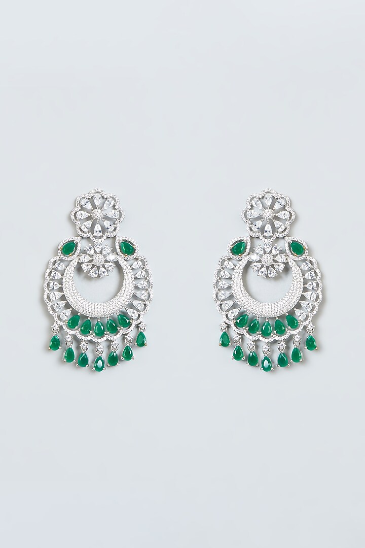 White Finish Zircon & Emerald Dangler Earrings by Aster at Pernia's Pop Up Shop