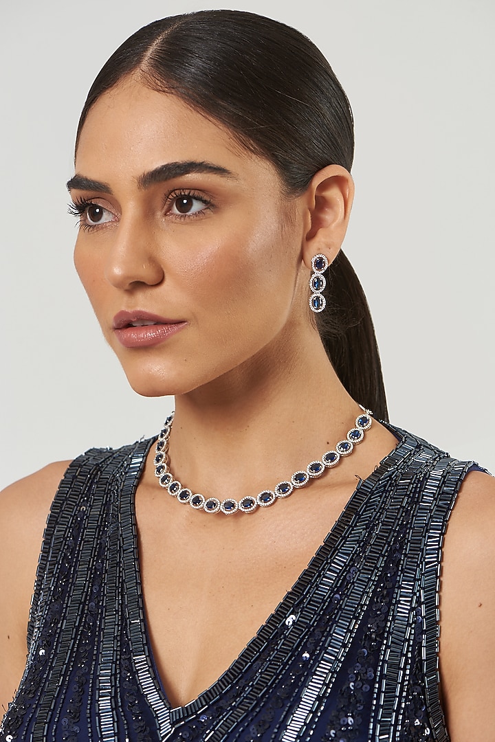 White Finish Blue Stones & Zircon Necklace Set by Aster at Pernia's Pop Up Shop