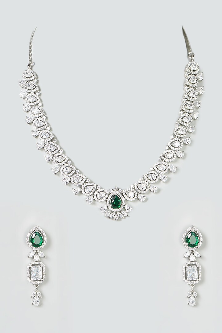 White Finish Green Stone & Zircon Necklace Set by Aster at Pernia's Pop Up Shop