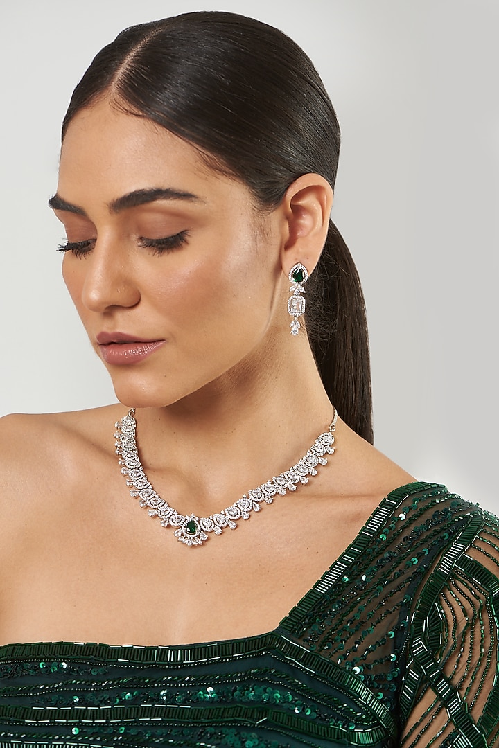 White Finish Green Stone & Zircon Necklace Set by Aster at Pernia's Pop Up Shop