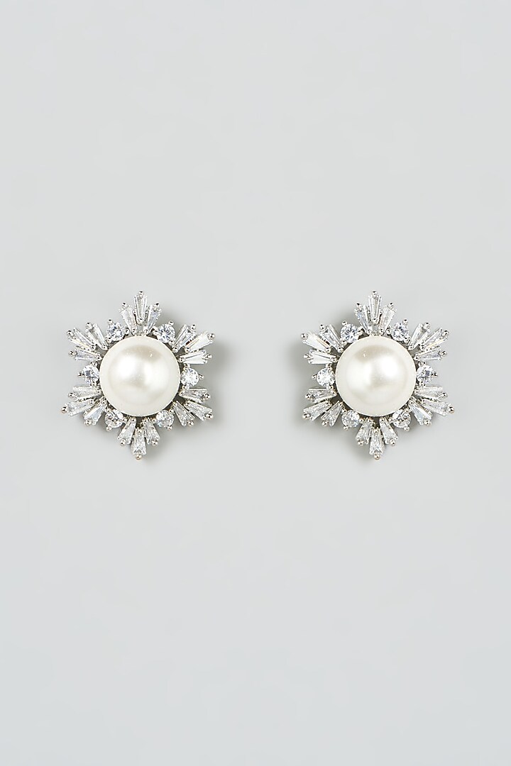 White Finish Faux Diamond & Pearl Stud Earrings by Aster at Pernia's Pop Up Shop