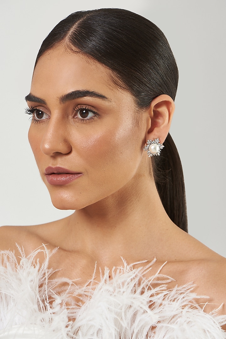 White Finish Faux Diamond & Pearl Stud Earrings by Aster at Pernia's Pop Up Shop