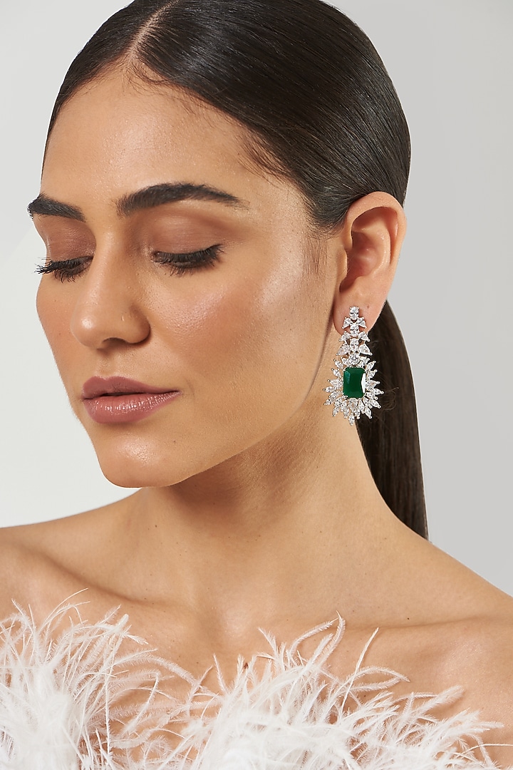 White Finish Zircon & Green Stone Dangler Earrings by Aster at Pernia's Pop Up Shop