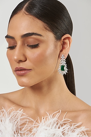 White Finish Zircon & Green Stone Dangler Earrings by Aster