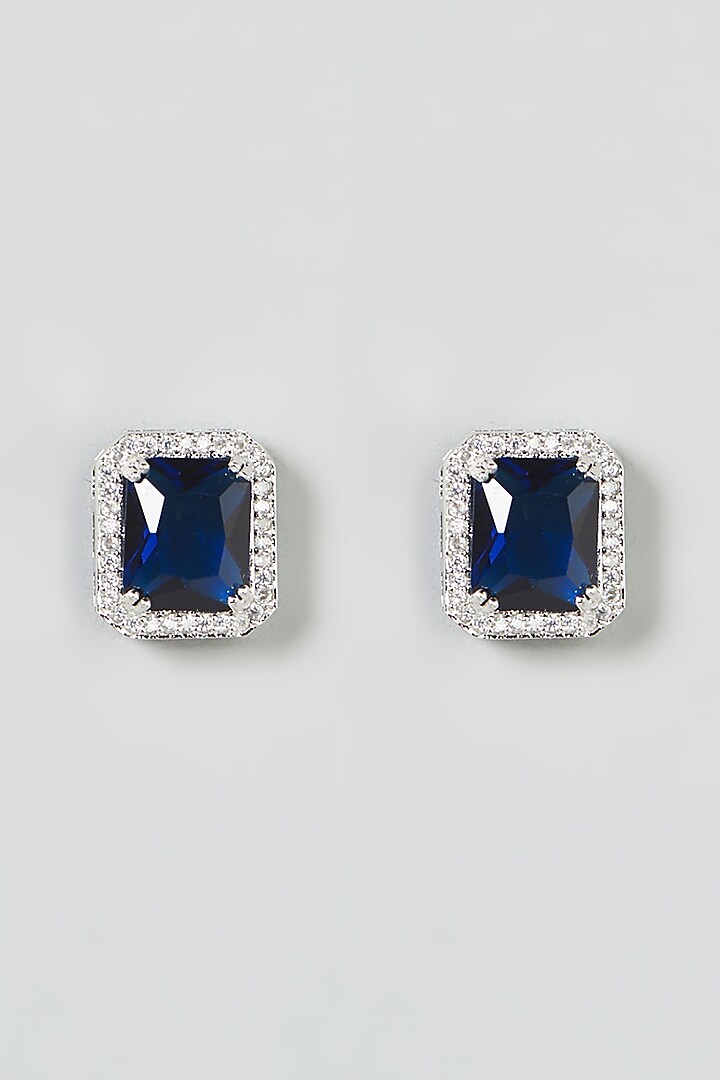 White Finish Zircon & Blue Stone Stud Earrings by Aster at Pernia's Pop Up Shop