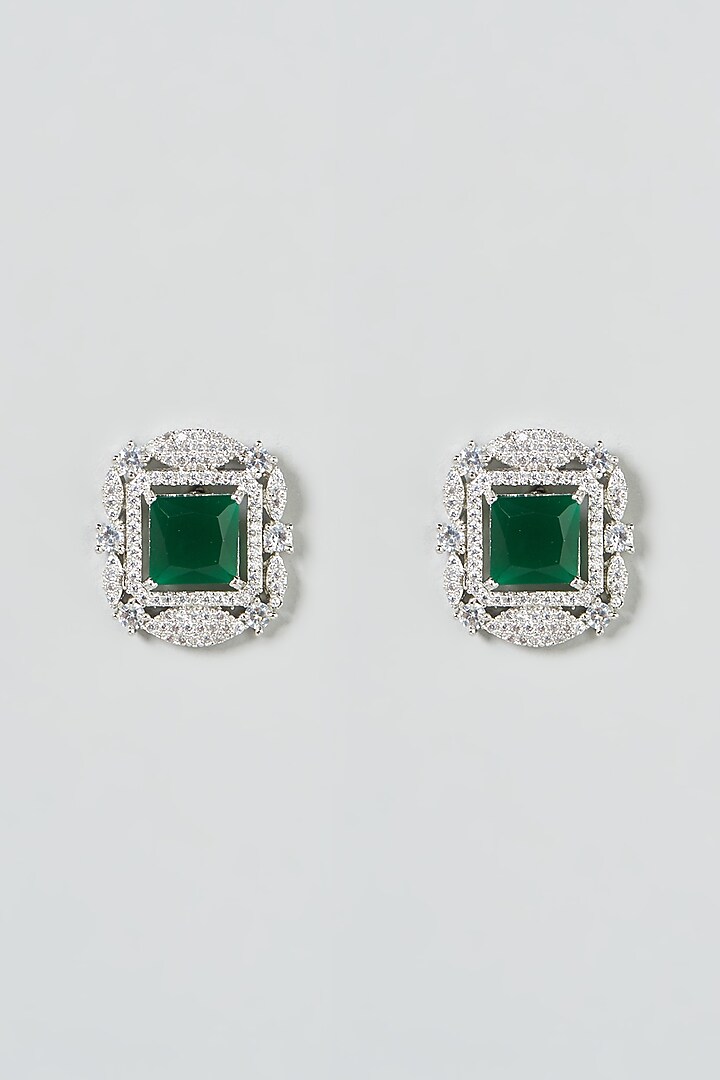 White Finish Green Stone & Zircon Stud Earrings by Aster at Pernia's Pop Up Shop