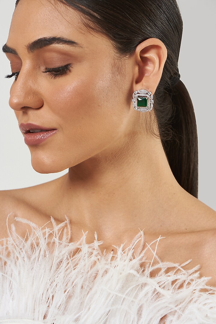 White Finish Green Stone & Zircon Stud Earrings by Aster at Pernia's Pop Up Shop