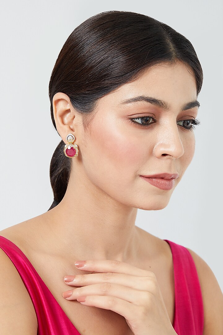 Two Tone Finish Zircon & Red Stone Stud Earrings by Aster at Pernia's Pop Up Shop