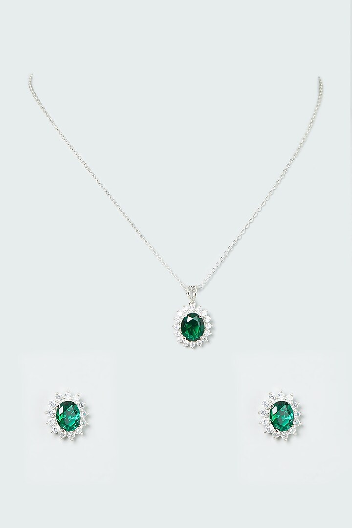 White Finish Emerald Zircon Pendant Necklace Set by Aster at Pernia's Pop Up Shop