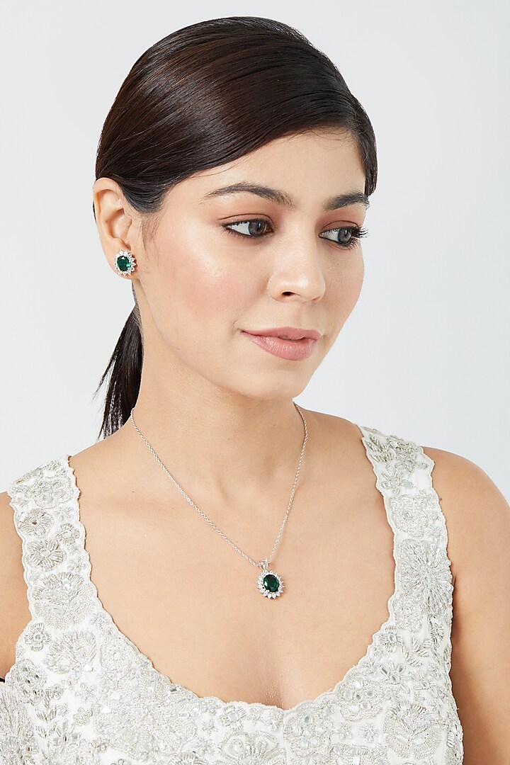 White Finish Emerald Zircon Pendant Necklace Set by Aster at Pernia's Pop Up Shop