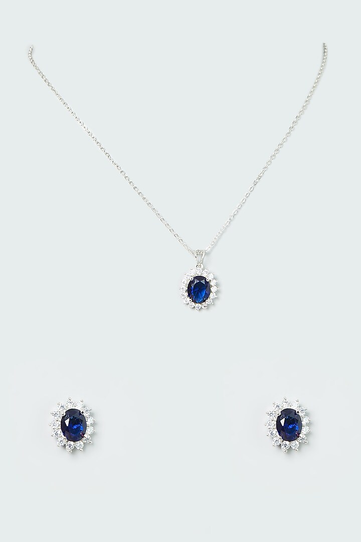 White Finish Sapphire Zircon Pendant Necklace Set by Aster at Pernia's Pop Up Shop