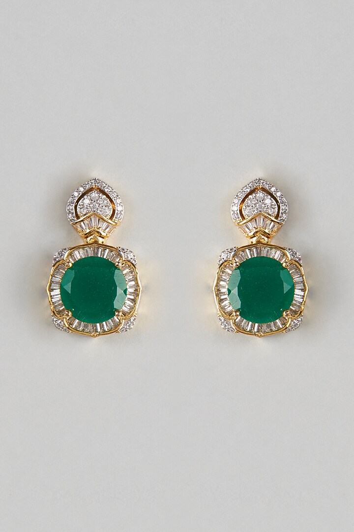 Gold Finish Zircon & Green Stones Dangler Earrings by Aster at Pernia's Pop Up Shop