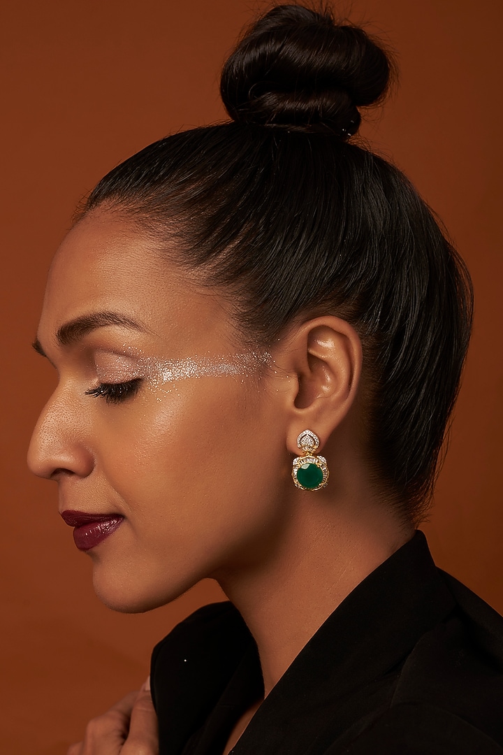 Gold Finish Zircon & Green Stones Dangler Earrings by Aster at Pernia's Pop Up Shop