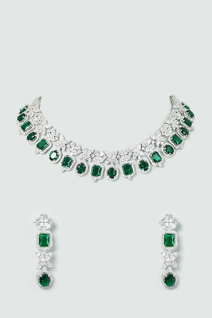 White Finish Emerald Synthetic Stone & Zircon Necklace Set by Aster at Pernia's Pop Up Shop
