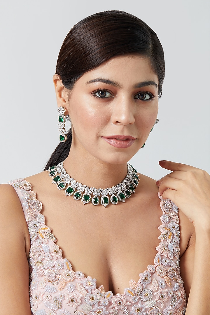 White Finish Emerald Synthetic Stone & Zircon Necklace Set by Aster at Pernia's Pop Up Shop